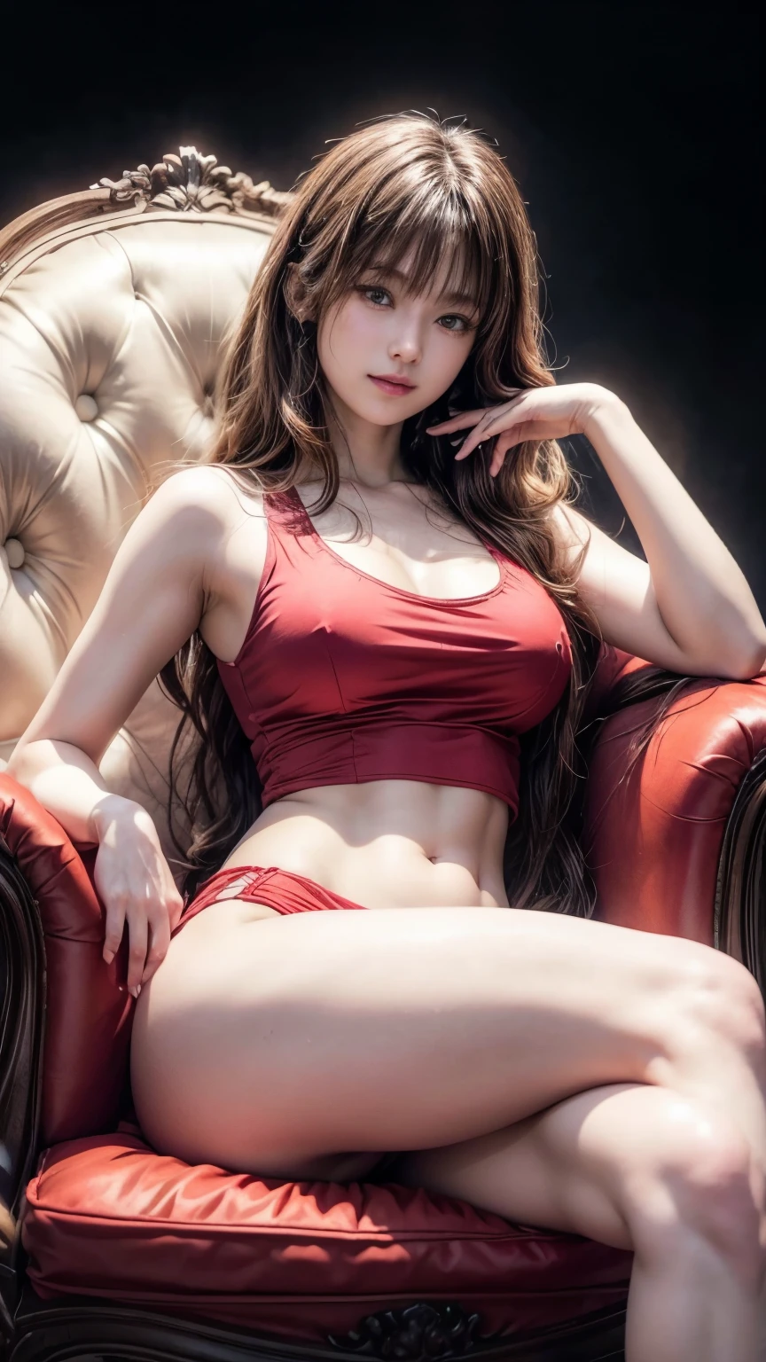 araffe asian woman in a red dress sitting on a chair, spread legs,wearing red tank top red, red and white, red tank-top, V-shaped clothing with an open neckline, Shashi, hot , wearing crop top and miniskirt, white panties visible,Wearing a sexy crop top,,,,,1 Japanese female, (The real face of a 20 year old),Shy Smile,,,,,,,,,,,,,,,,,,,,,,,,(Svelte Body,Medium Breasts:1.6),gigantic hips,(Medium Hair,Wavy Hair, Brown hair:1.2),, Soft Portrait Shot, Smooth, White skin like porcelain,, transparent white skin, , Pure white skin,Photorealistic perfect body, Real Engraving Idol, 4K, ,,,(8K, RAW Photos, Ultra-high resolution, highest quality, masterpiece:1.2), (Realistic illustrations), (Highly detailed CG Unity 8k wallpaper),Dark Gray background, white light illumination