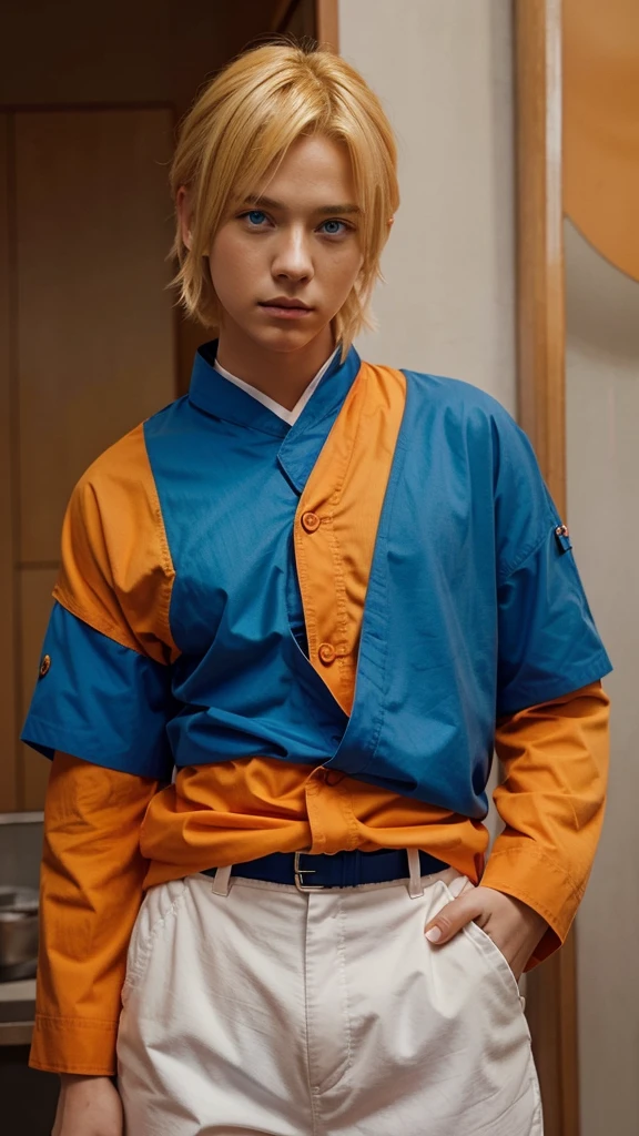 Boy, blonde hair, blue eyes, B Orange blouse with blue shoulders and loose white collar and orange pants, Naruto's appearance https://images.app.goo.gl/Gy8L9cdbF8WmB5LB6