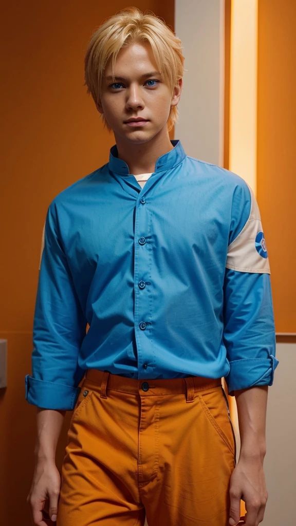 Boy, blonde hair, blue eyes, B Orange blouse with blue shoulders and loose white collar and orange pants, Naruto's appearance https://images.app.goo.gl/Gy8L9cdbF8WmB5LB6