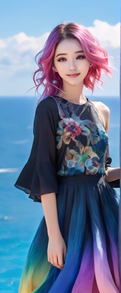 A stunning portrait of a 17-year-old girl with rainbow-coloured hair, a mix of blue and pink, under a brilliant sky on a sunny summer day、A breathtaking view unfolds。Half blue and half pink、A girl with colorful, flowing hair、Standing with a captivating smile。Long curls cascading down in golden waves、Frames bright sky blue eyes。Red and black repair dress 1.Wearing a voluminous 2-meter skirt、Captivate the audience with elegance。The dress was torn in many places、It is revealed