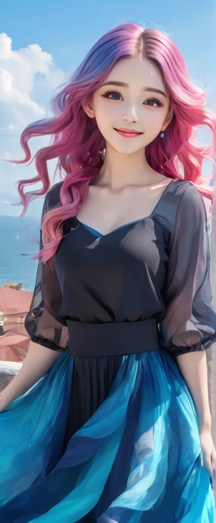 A stunning portrait of a with rainbow-coloured hair, a mix of blue and pink, under a brilliant sky on a sunny summer day、A breathtaking view unfolds。Half blue and half pink、A girl with colorful, flowing hair、Standing with a captivating smile。Long curls cascading down in golden waves、Frames bright sky blue eyes。Red and black repair dress 1.Wearing a voluminous 2-meter skirt、Captivate the audience with elegance。The dress was torn in many places、It is revealed
