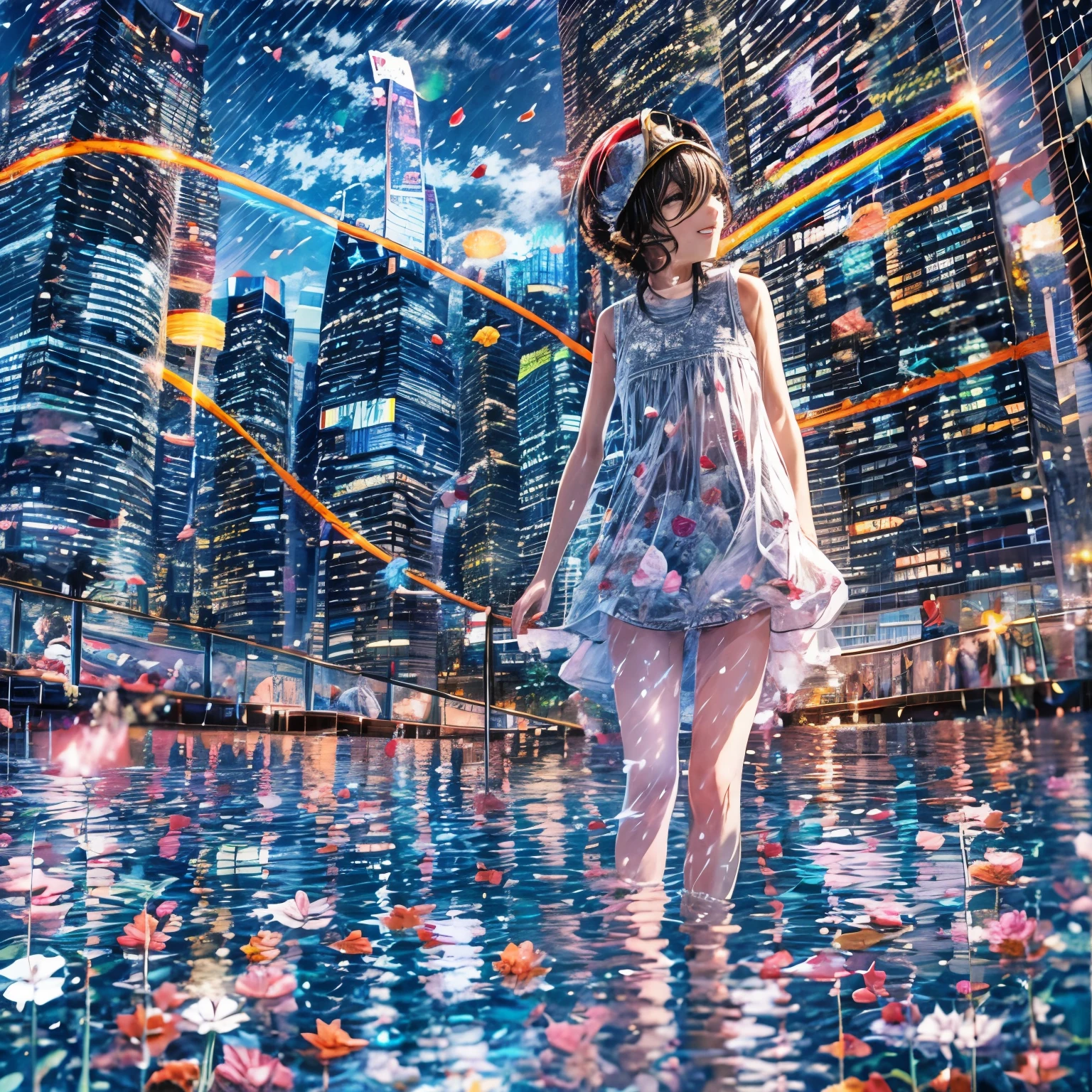 BloodRed, White in Pearly RainbowColors,ExtremelyDetailed(ProfessionalPhoto of Girl Floating in the Sky:1.37)ZoomLayer{Stunning|Mystic|GodRays|Haze}, 57th floor infinity pool in the urban forest. (Masterpiece 8K TopQuality:1.2)(ExtremelyDetailed NOGIZAKA face:1.37) ElaboratePupil with (SparklingHighlights:1.28) DoubleEyelids with Voluminous LongEyelashes PUNIPUNI RosyCheeks (Joyful Expressions LifeLike Rendering) MotionBlur  BREAK  (Acutance:0.77) PUNIPUNI Radiant Impeccable PearlSkin with Transparency White(Skinny SchoolSwimwear) {(HiddenHand)|((Corrected BabyLike Hand))} Whole Body Proportions and all limbs are Anatomically Accurate, {Carnation|Tulips|(Rose)} [FlowerWreath WrappedBody Full of Flowers Covering girl's body] {((Dazzling RainbowColorHorizon))|ColorfulSky|ColoredClouds|(Starly Particles)}(extra limbs:-1.4)(Not Detailed Face:-1.37)(Not Detailed Hand:-1.28), Drawing infinity pool reference to the rooftop of Marina Bay Sands