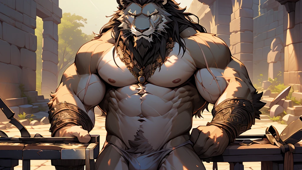 (masterpiece),(highres),(intricate details:1.4),extremely detailed,(illustration:1.2),8k,photorealistic,exquisite,aged,elder male lion ,muscular,(blacksmith :1.7),(Ancient Greek mythological style;1.8),manhood,long hair,long white beard,scar,(badly damaged),(sacrifice),hurt,broken body ,(bulging crotch:1.8),(homosexual),(naked upper body:1.7),(a serene face:1.9)