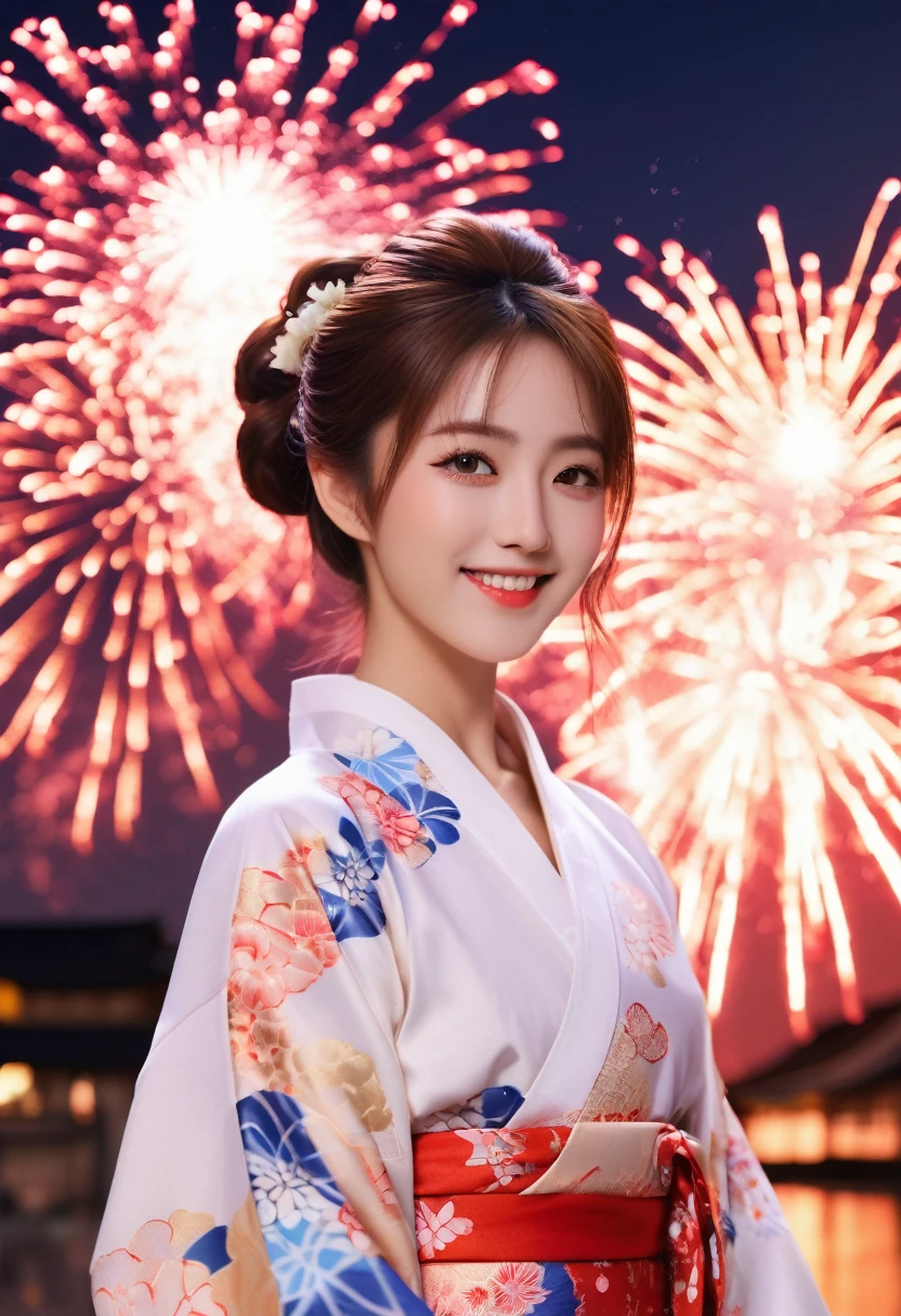 ((Highest quality, 8K, masterpiece: 1.3)),RAW Photos,Realistic atmosphere,Dramatic lighting、Lens flare, Ray Tracing,Detailed beautiful white skin,Beautiful Japanese, Big eyes、The beauty of a Japanese idol、Beautiful double eyelids、High-resolution face,shiny light brown hair,Bun Hair,Red and gold hair ornament,(Watching the fireworks wearing a floral yukata:1.2),Huge fireworks,(White yukata with sleeves:1.2),((Wrinkled Heko Obi:1.3)),((Looking back with an innocent smile:1.3)),Blurred grand fireworks,(Many colorful fireworks:1.2)Star Mine,Fireworks across the sky,Large fireworks