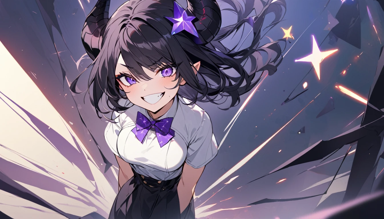 girl with long black hair with straight bangs, with hair cut at the ends. Two large strands in the front, one bigger than the other. A rebel thread. A small white streak in your bangs. Two demon horns, one purple and one black, both with a dark purple star. one black eye and one purple eye. A purple star on your right cheek. black wide pants. All star shoe. Full white shirt with a bow tie with a star in the middle, with short sleeves.  a big chest . Grinning. She is a star demon. She is standing looking at the camera. In one of his eyes a star in the black eye case, in the black eye and just black. Sex girl. Sex girl. One black eye and one purple eye. She is waiting for something with her arms crossed.
