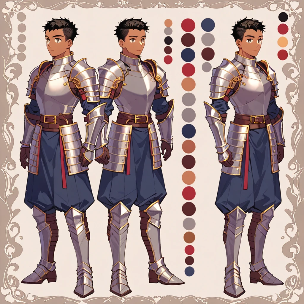 score_9, score_8_up, score_7_up, score_6_up, score_5_up, score_4_up, BREAK source_anime, 1girl, mid 20 ish, male, tan skinned, short black hair, black facial hair, silver knight armor, knight, Creative design, full body, Reference sheet, Character sheet