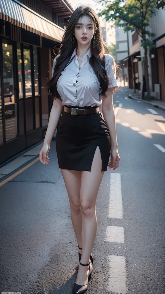 最High resolution, 8K, High resolution, (((My hair is very long., My hair is very long., My hair is very long., Very long, Knee-length hair))), Thai Student, Half Tie, Half Japan, Half Korean., Height: 173 cm, (((stand, walk))), Beautiful Face, แต่งBeautiful Face, double eyelid, Red lips, Laugh with the corners of your mouth turned up, Beautiful Eyes, Beautiful woman, The texture is realistic., slimな白い半袖シャツ, Collared shirt, Matte black short pencil skirt, Very short, Side cut, กระโปรงสีดำด้านพร้อมbeltผู้หญิง, tight, Huge breasts, Breast augmentation, เต้าbig tits, big , Fluffy Milk, Fluffy Milk, Huge breasts, Symmetrical shape, Sexy appearance, thin, slim, Narrow waist, Long legs, Beautiful thighs, Pitch black high heels, Earrings, Wearing a watch, belt, (((whole body, Look at every part of your body.))), University Background, building, building, grass, Outdoor sports field,Beautiful hair in the morning sun