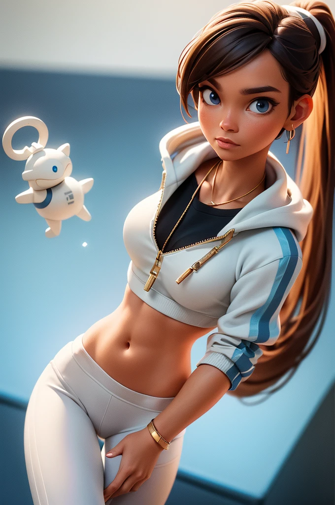 brown hair, blue eyes, ponytail, (white crop top hoodie), (white yoga pants), gold necklace, wrist watch, walking on a space station, in space (photorealistic: 1.4)