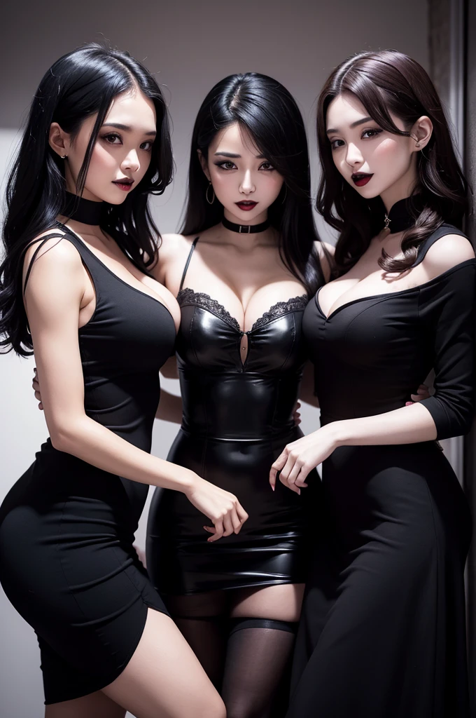 3 vampire sisters, busty, with black fitted dress, with black lipstick