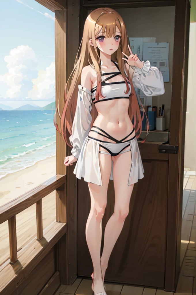 Light brown hair、bikini姿、エッチbikini姿、Random pose、bikini、Light brown hair、Semi-long hair、Pale red eyes、Random pose、Seaside Road、Sea view road、Blushing、Embarrassed expression、、Pale purple eyes、、Blushing、lipstick、Perfect hands、Detailed hands