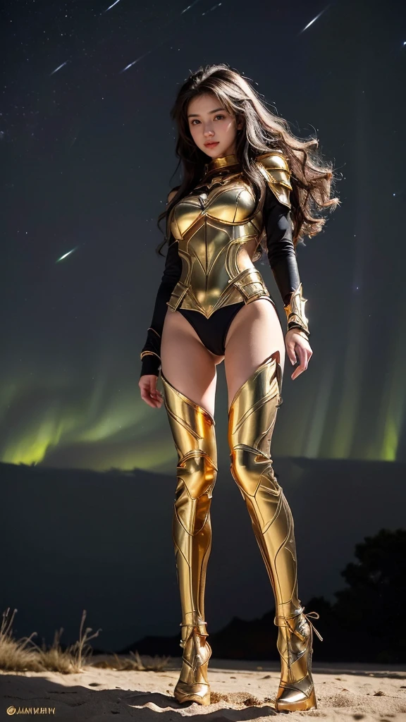 ((best quality)), ((masterpiece)), (ultra detailed lights), ((full body shot)), ((tall girl)), ((skinny body)), teen girl, extremely beautiful, perfect eyes, ((slim body)), thighs gap, ultra face details, 20 years old, ((grey wavy hair:1.2)), ((hair blown by strong winds :1.3)), Award-winning photograph, ((symmetrical pose)), ((teen goddess girl)), ((full body golden black armor:1.3)) are in the middle of battlefield, posing in the middle, intricate details, ((thight golden armour)), ((extremely details armor)), ((tight latex panties)), ((full legs golden armor:1.2)), ((24k-gold armor)), ((edge luminous armor)), cameltoe, luminescent, epic lights reflections, ((Athena's golden bow), at beach, full of stars, orange clouds, nebula sky, epic aurora borealis in the background, shooting stars, ((from below))