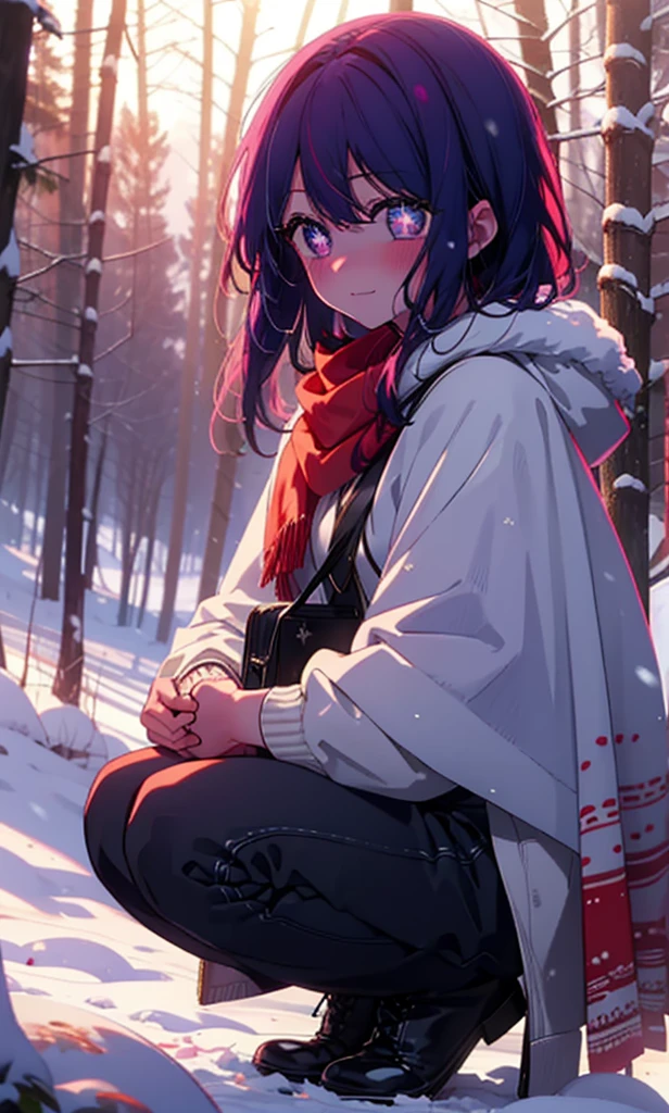 aihoshino, Ai Hoshino, Long Hair, bangs, (Purple eyes:1.1), Purple Hair, (Symbol-shaped pupil:1.5), smile,,smile,blush,White Breath,
Open your mouth,snow,Ground bonfire, Outdoor, boots, snowing, From the side, wood, suitcase, Cape, Blurred, , forest, White handbag, nature,  Squat, Mouth closed, Cape, winter, Written boundary depth, Black shoes, red Cape break looking at viewer, Upper Body, whole body, break Outdoor, forest, nature, break (masterpiece:1.2), Highest quality, High resolution, unity 8k wallpaper, (shape:0.8), (Beautiful and beautiful eyes:1.6), Highly detailed face, Perfect lighting, Highly detailed CG, (Perfect hands, Perfect Anatomy),