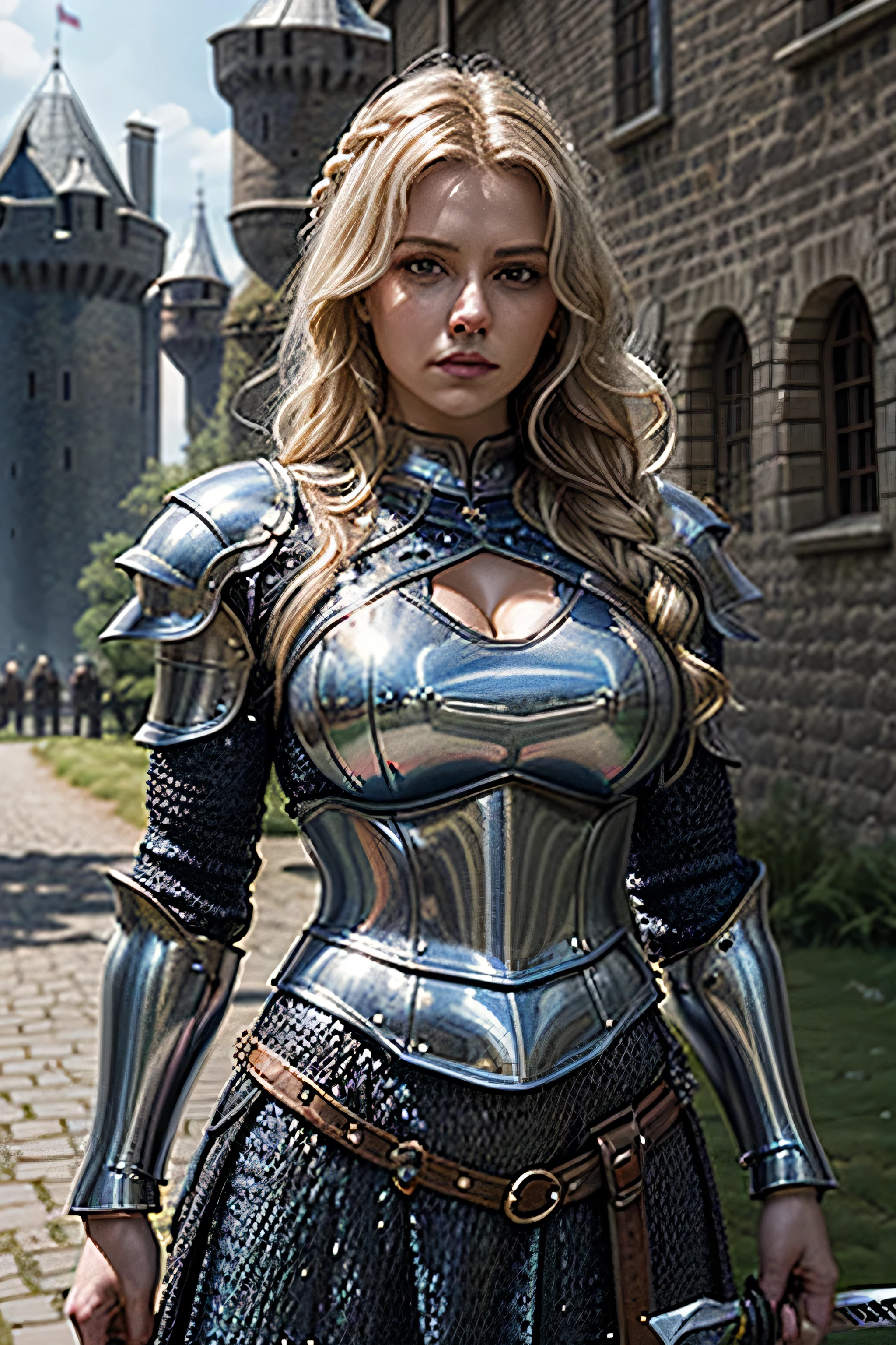 sexy beautiful young blonde girl with stunning blue eyes,sexy18 years old, smiling with rosy cheeks, a gorgeous figure in detailed armorsexy(best quality,8k,highres,masterpiece:1.2),ultra-detailed,(realistic,photorealistic,photo-realistic:1.37),detailed portrait, intricate armor, digital art, fantasy, highly detailed, dramatic lighting, cinematic