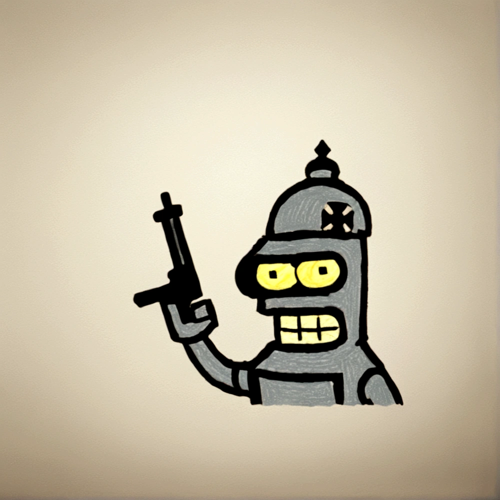 Bender, holding Gunshots, Nazis Uniform, Pirate Hat, Diamond Earring, Desert