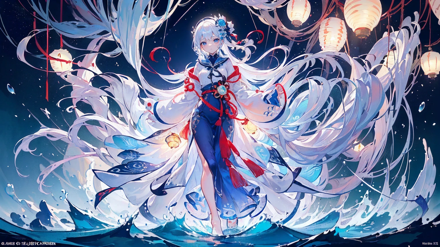 (Super detailed)),((illustration)),((masterpiece)),(((need))),((fine、Highest quality CG Unity 8K wallpapers,masterpiece),((4K,masterpiece,best quality)),A woman about 16 years old with long blue and white hair,Red pupil,Blue and white robe,Inside are transparent, glowing tentacles,Black Silk,Standing on a wooden plank above the sea,Raise your right hand slightly,Cold,Rough Seas,There are many lanterns floating in the sky,Lotus flowers floating on the sea,End of the World,There are swarms of jellyfish of all sizes floating in the sky,Manipulating water,Full body picture,individual