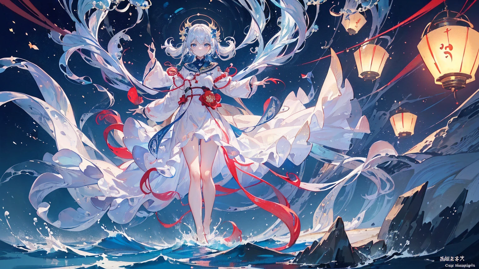 (Super detailed)),((illustration)),((masterpiece)),(((need))),((fine、Highest quality CG Unity 8K wallpapers,masterpiece),((4K,masterpiece,best quality)),A woman about with long blue and white hair,Red pupil,Blue and white robe,Inside are transparent, glowing tentacles,Black Silk,Standing on a wooden plank above the sea,Raise your right hand slightly,Cold,Rough Seas,There are many lanterns floating in the sky,Lotus flowers floating on the sea,End of the World,There are swarms of jellyfish of all sizes floating in the sky,Manipulating water,Full body picture,individual