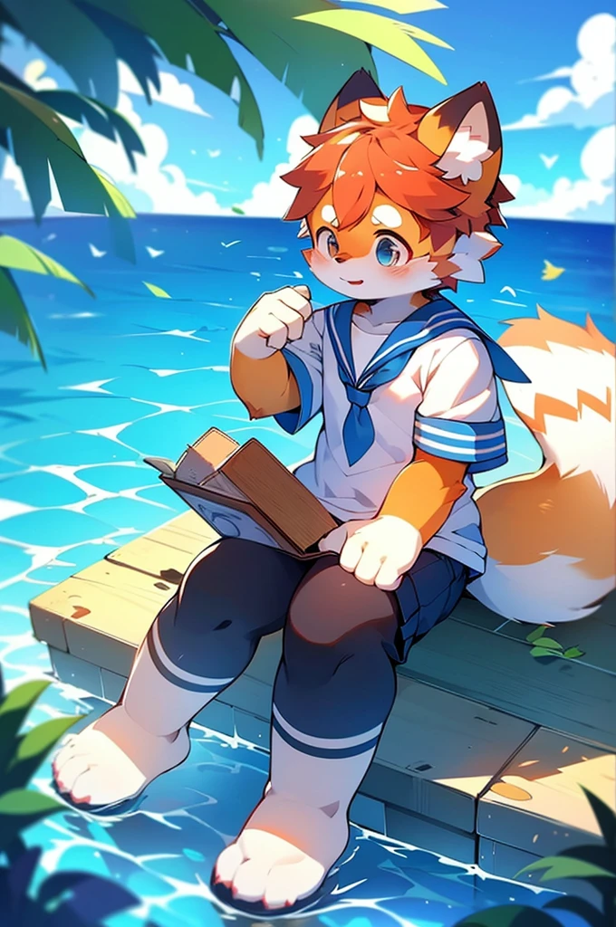Male Red Panda, Ocean, Appeared wearing a sailor uniform! One in heat, Sitting,空を飛ぶ,青い光