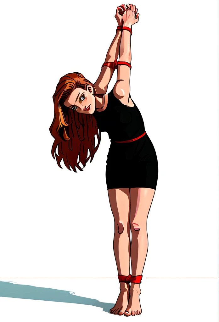 (graphic novel illustration, lineart:1.5),white background, shadow, strappado, bound wrists, a beautiful woman, long hair, , looking at viewer, from front, (bent over), bound wrists, full body, flat color, narrow waist, biting lips, very short black dress, barefoot ,red rope, thin, shadow, arms up, wide hips, hourglass figure