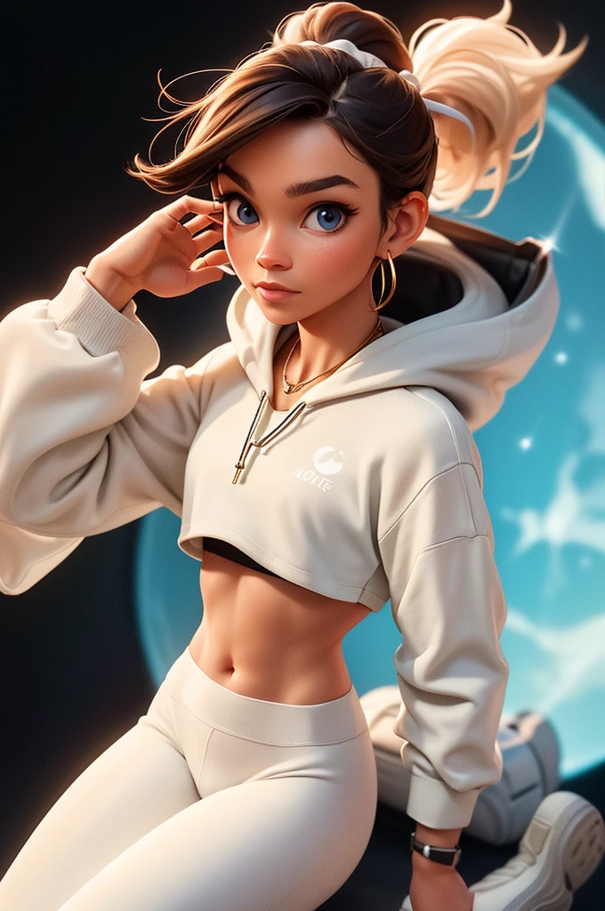 brown hair, blue eyes, ponytail, (white crop top hoodie), (white yoga pants), gold necklace, wrist watch, walking on a space station, in space (photorealistic: 1.4)