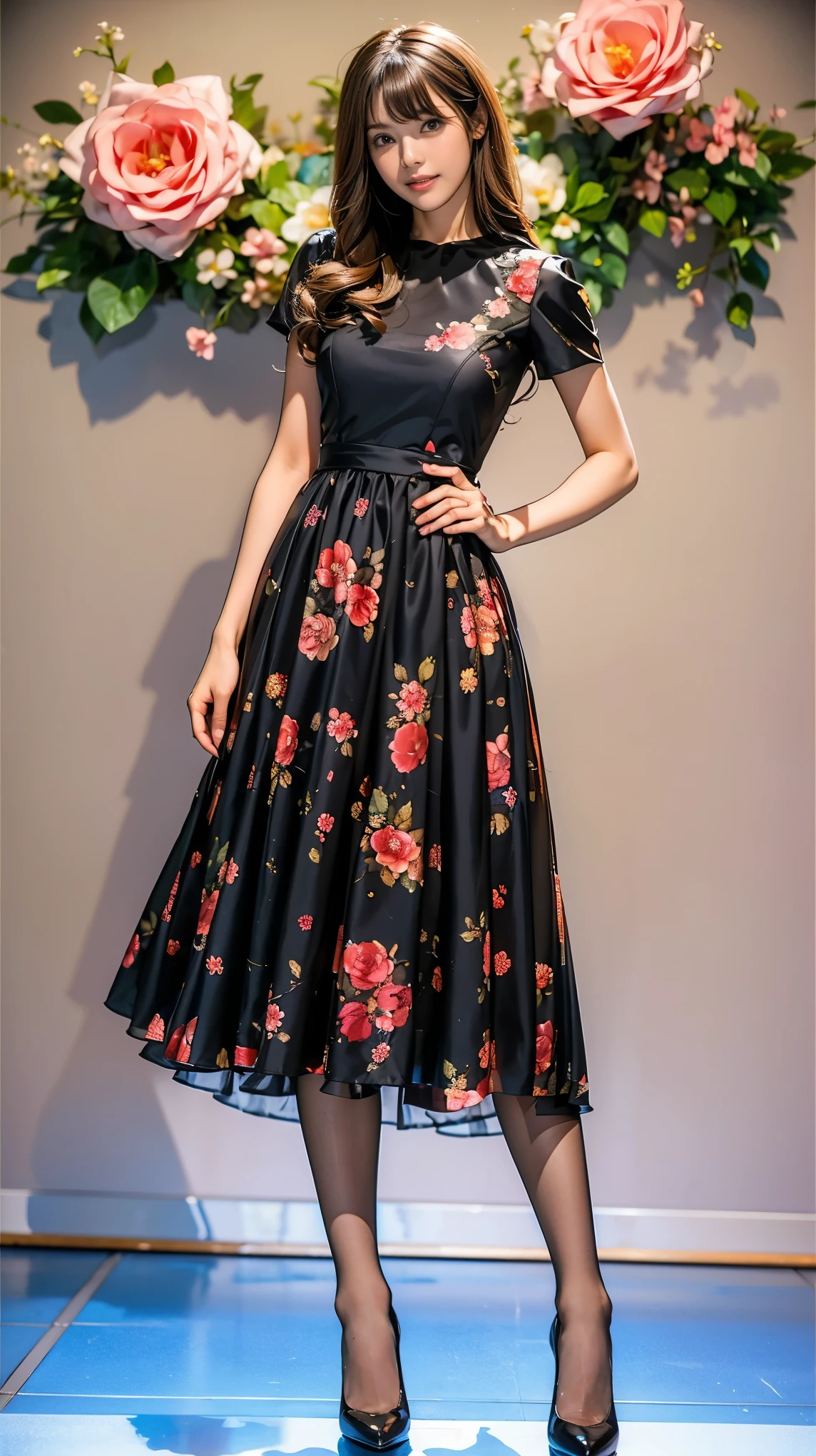 ((masterpiece)),(((Highest quality))),Thin thighs,Long legs,whole body:1.5,(One Girl:1.3),(Black pantyhose and thick pointy heels:1.3),(Wearing a floral long skirt dress:1.2),Short Blonde:1.2、Model pose,