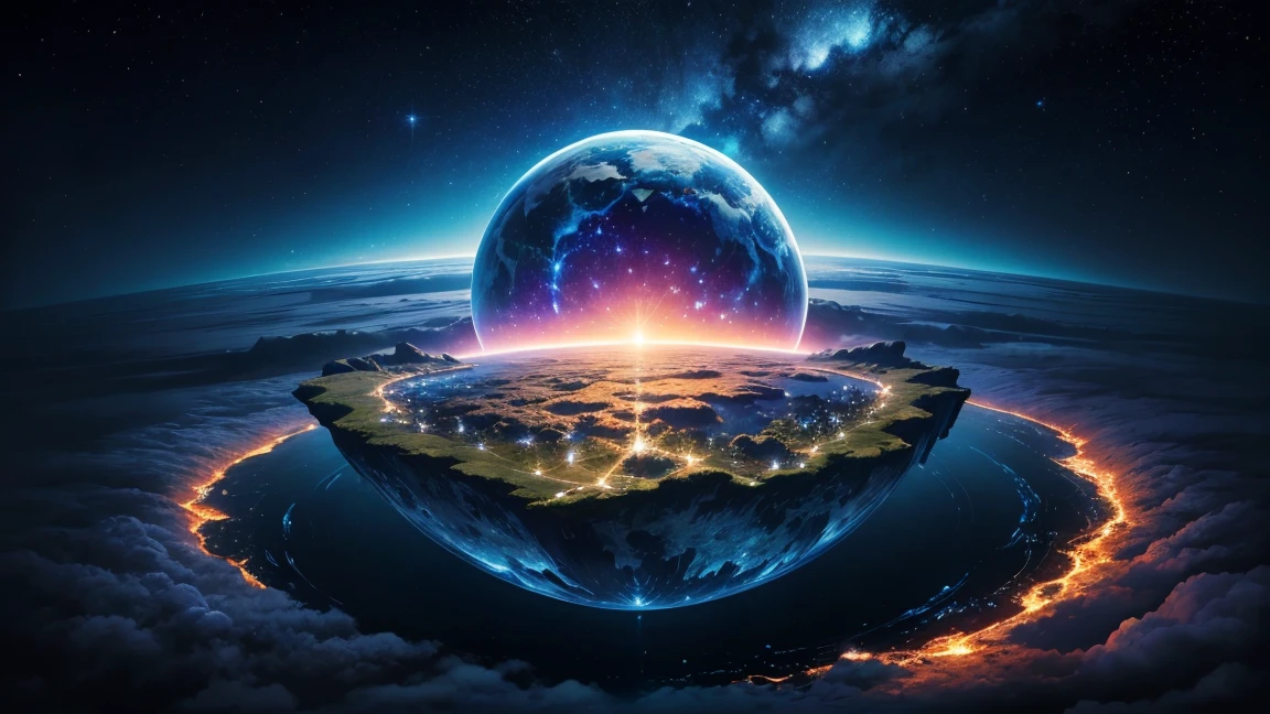 artwork, 真实感, 4K, best quality, Blue planet in the center, ultra HD, super resolution, Intricate details, Starry sky, clouds, Galaxy, vegetation, SPARKLES, lighting, illuminated land, planet Earth
