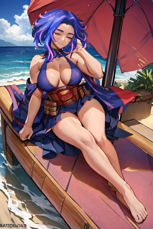 boku no hero academia, lady nagant,1girl short hair purple hair multicolored hair purple eyes purple dress belt,Lady Nagant, a powerful villainess from the League of Villains in My Hero Academia, decides to take a break from her nefarious activities and enjoy some sunbathing time on the beach. She dons a skimpy black bikini that perfectly accentuates her curvy figure and long legs. As she lays down on her chaise longue underneath a large umbrella, her eyes closed peacefully while soaking up the rays. Her blonde hair cascades over one side of her face, adding to her allure. Despite being surrounded by innocent civilians enjoying their day at the shore, nobody seems to notice or recognize this dangerous woman due to clever disguises and concealment techniques mastered by members of the league.