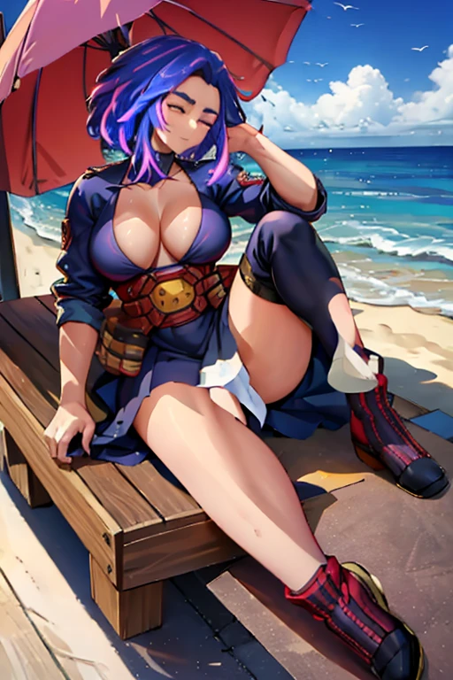 boku no hero academia, lady nagant,1girl short hair purple hair multicolored hair purple eyes purple dress belt,Lady Nagant, a powerful villainess from the League of Villains in My Hero Academia, decides to take a break from her nefarious activities and enjoy some sunbathing time on the beach. She dons a skimpy black bikini that perfectly accentuates her curvy figure and long legs. As she lays down on her chaise longue underneath a large umbrella, her eyes closed peacefully while soaking up the rays. Her blonde hair cascades over one side of her face, adding to her allure. Despite being surrounded by innocent civilians enjoying their day at the shore, nobody seems to notice or recognize this dangerous woman due to clever disguises and concealment techniques mastered by members of the league.