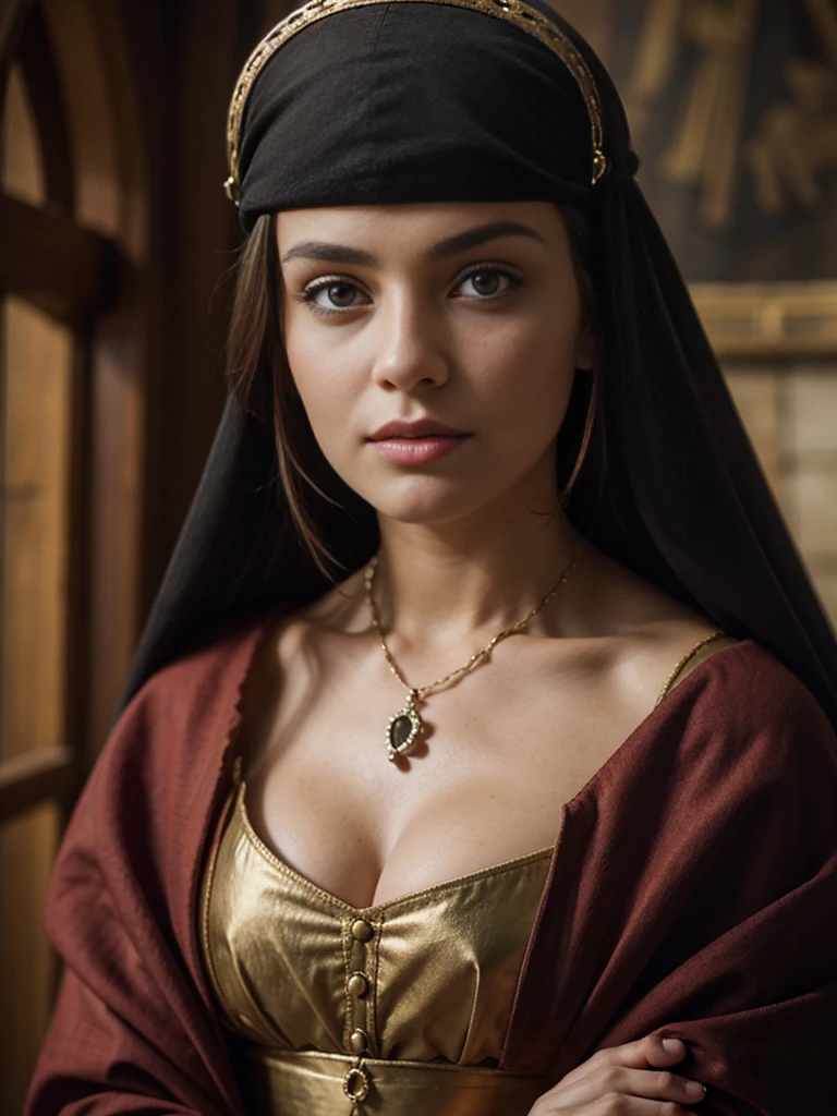 Close up shot , looking at viewer, Medieval British women's clothing, English girl, 18 age old, (Gold hair, short ponytail , wince, wince, half-closed Blue eyes, beautiful lip, serious), gold crescent earrings, gold neckless, (big breasts, slender whist, wide hip, real public hair, corrected pussy and anal) , textured skin , HI detailed skin, (foreshortening, Canon, uhd, anatomically correct, super detail, high details, highness,