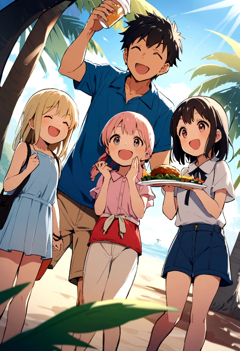 Four elementary school students in casual clothes and one adult,meal,Happily,Summer vacation,,The background has a fantasy feel