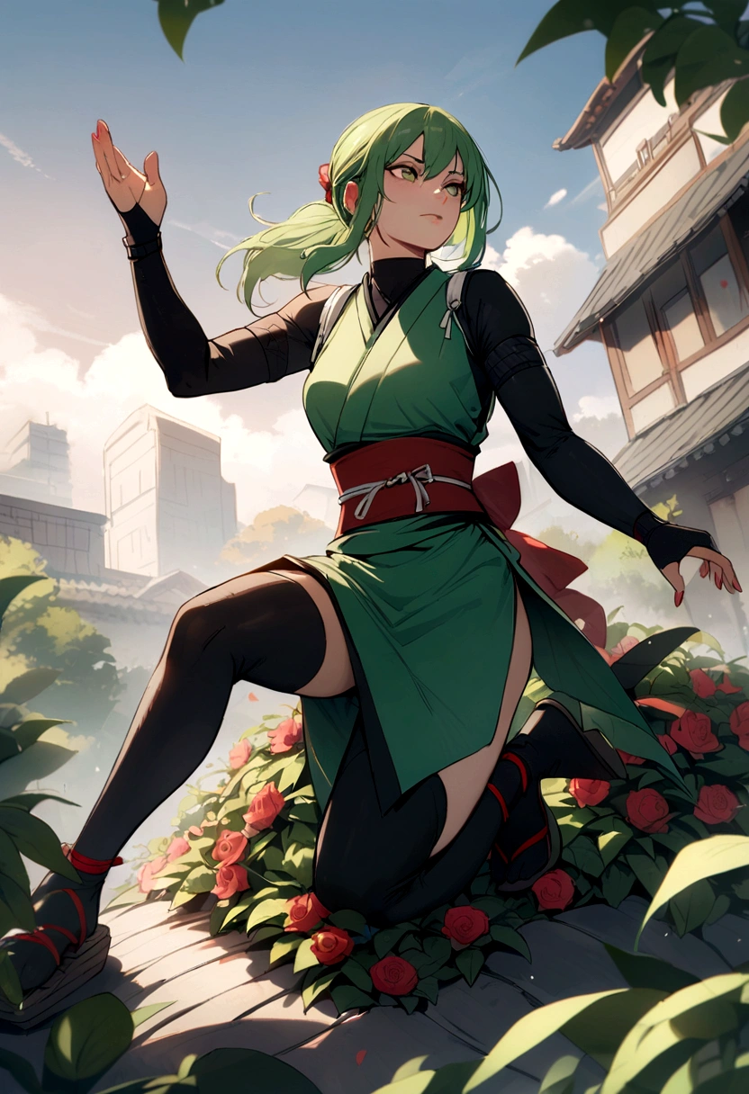 Female, ninja, medical, green hair, stepping on roses, powerful