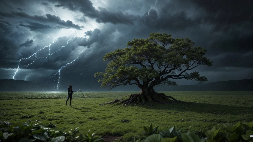 Plant in Adversity":
Plant bending in strong wind and rain, dramatic lighting with dark storm clouds, raindrops visible on leaves, resilient pose, high contrast image