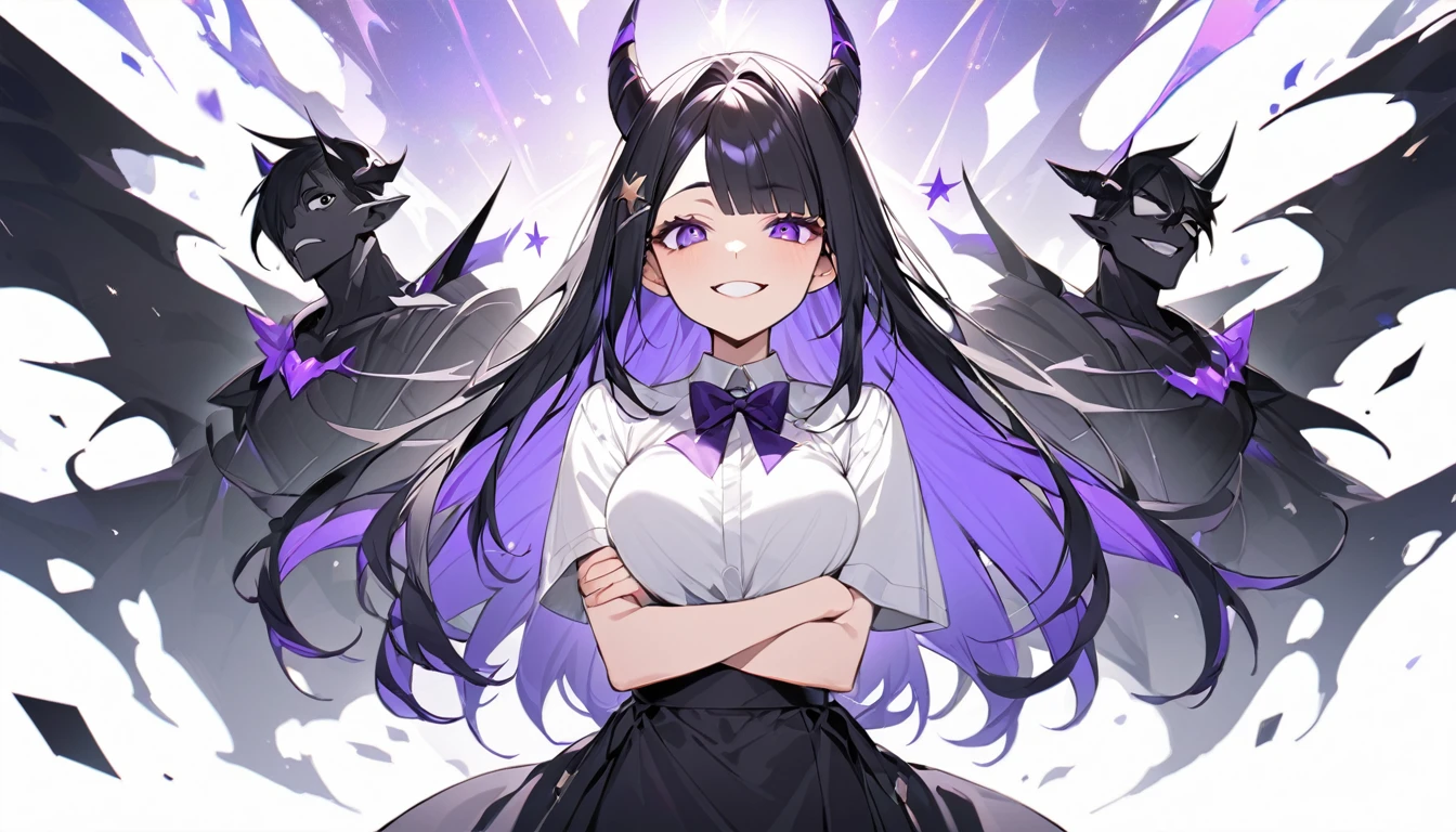girl with long black hair with straight bangs, with hair cut at the ends. Two large strands in the front, one bigger than the other. A rebel thread. A small white streak in your bangs. Two demon horns, one purple and one black, both with a dark purple star. one black eye and one purple eye. A purple star on your right cheek. black wide pants. All star shoe. Full white shirt with a bow tie with a star in the middle, with short sleeves. a big chest . Grinning. She is a star demon. She is standing looking at the camera. In one of his eyes a star in the black eye case, in the black eye and just black. Sex girl. Sex girl. One black eye and one purple eye. She is waiting for something with her arms crossed.