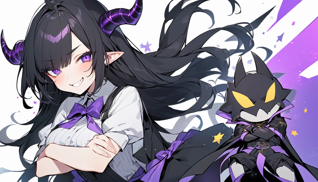 girl with long black hair with straight bangs, with hair cut at the ends. Two large strands in the front, one bigger than the other. A rebel thread. A small white streak in your bangs. Two demon horns, one purple and one black, both with a dark purple star. one black eye and one purple eye. A purple star on your right cheek. black wide pants. All star shoe. Full white shirt with a bow tie with a star in the middle, with short sleeves. a big chest . Grinning. She is a star demon. She is standing looking at the camera. In one of his eyes a star in the black eye case, in the black eye and just black. Sex girl. Sex girl. One black eye and one purple eye. She is waiting for something with her arms crossed.