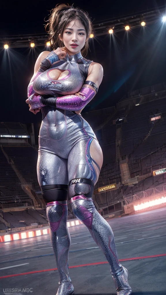 Female professional wrestler、Fighting Pose、expensive、smile、((In the Ring))、((Spotlight))、(((Big stadium)))、((Super big breasts))、((Super tight uniform))、Wristband、(((A flashy costume with a bizarre pattern)))、((Elbow Support))、((Knee support))、I can see your muscles、Hairstyle with bangs、((Sweat))、((Match venue))、Very beautiful woman、((Female Athletes))、(Detailed face)、Realistic Skin、((Delicate photo)),(Girl masterpiece RAW photo details:1.25), (Highest quality:1.6), (Ultra-high resolution:1.5), (Realistic:1.75), 8K resolution,50mm, Absurd, Super detailed,Cinema Lighting、