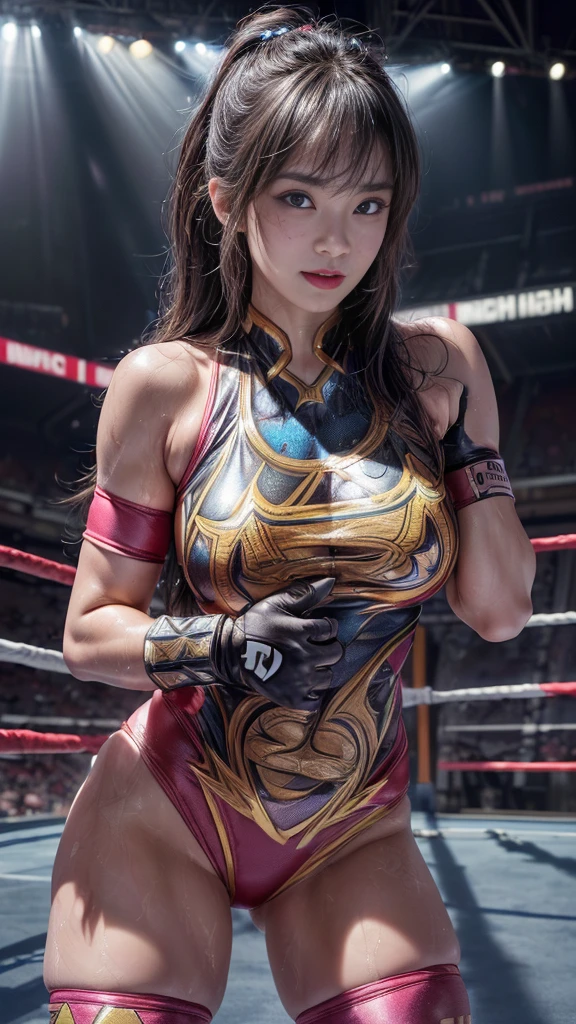 Female professional wrestler、Fighting Pose、expensive、smile、((In the Ring))、((Spotlight))、(((Big stadium)))、((Super big breasts))、((Super tight uniform))、Wristband、(((A flashy costume with a bizarre pattern)))、((Elbow Support))、((Knee support))、I can see your muscles、Hairstyle with bangs、((Sweat))、((Match venue))、Very beautiful woman、((Female Athletes))、(Detailed face)、Realistic Skin、((Delicate photo)),(Girl masterpiece RAW photo details:1.25), (Highest quality:1.6), (Ultra-high resolution:1.5), (Realistic:1.75), 8K resolution,50mm, Absurd, Super detailed,Cinema Lighting、