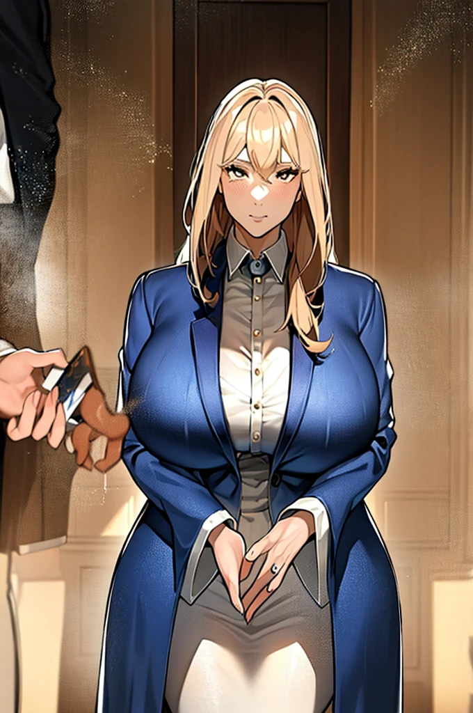 a very tall woman in her 60s, with long golden blonde hair in large coils at the ends. She wears an imposing blue suit, with elegant and eye-catching details, typical anime style. His expressive eyes sparkle with determination, while his intimidating and penetrating gaze fascinates whoever crosses his path. His arrogant attitude is accompanied by a confident and powerful posture, conveying an aura of authority. Your presence is magnetic and attracts the attention of everyone around you., making them feel attracted to your captivating and mysterious personality.