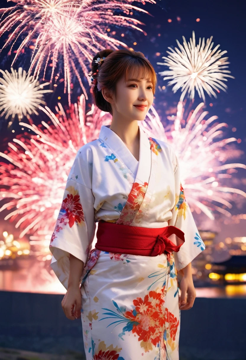 ((Highest quality, 8K, masterpiece: 1.3)),RAW Photos,Realistic atmosphere,Lens flare, Ray Tracing,(Detailed beautiful white skin:1.3),Beautiful Japanese, Model face、High-resolution face,shiny light brown hair,Bun Hair,Red and gold hair ornament,(Watching the fireworks wearing a floral yukata:1.2),Huge fireworks,(White yukata with sleeves:1.2),((Wrinkled Heko Obi:1.3)),((Looking back with an innocent smile:1.3)),Blurred grand fireworks,(Many colorful fireworks:1.2)Star Mine,Fireworks across the sky,Large fireworks