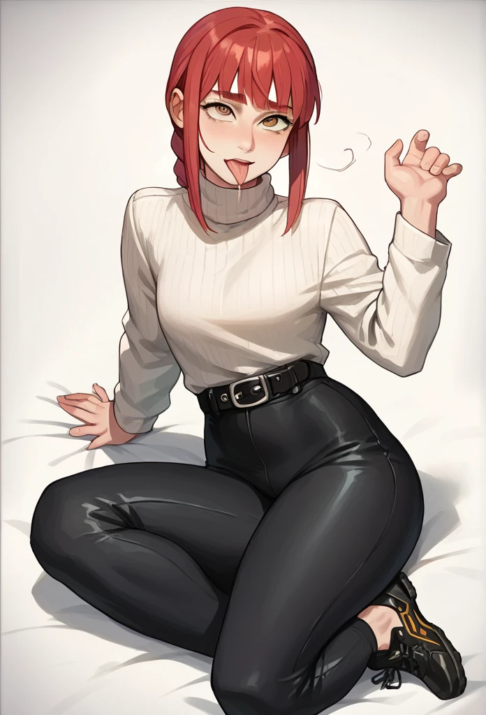 Young Makima from Chainsawman , With a rude look,wearing a sexy black turtleneck,black skinny leggings, High Black Shoes, black belt on the waist,black choker around the neck, Poses passionately rolling her eyes and sticking out her tongue,Drooling