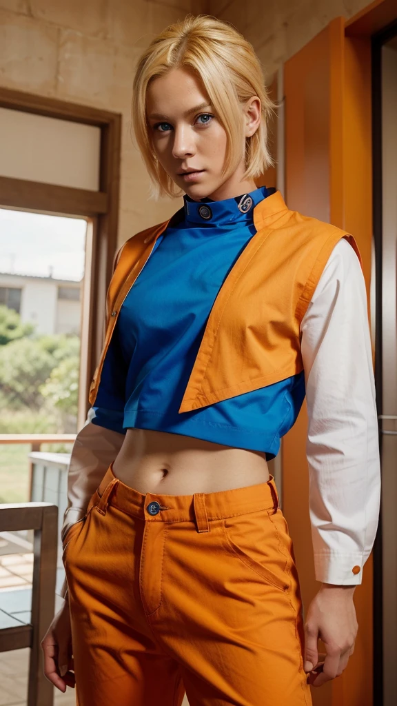 Boy, blonde hair, blue eyes, Naruto clothing Orange blouse with blue shoulders and loose white collar and orange pants, Naruto's appearance https://images.app.goo.gl/Gy8L9cdbF8WmB5LB6