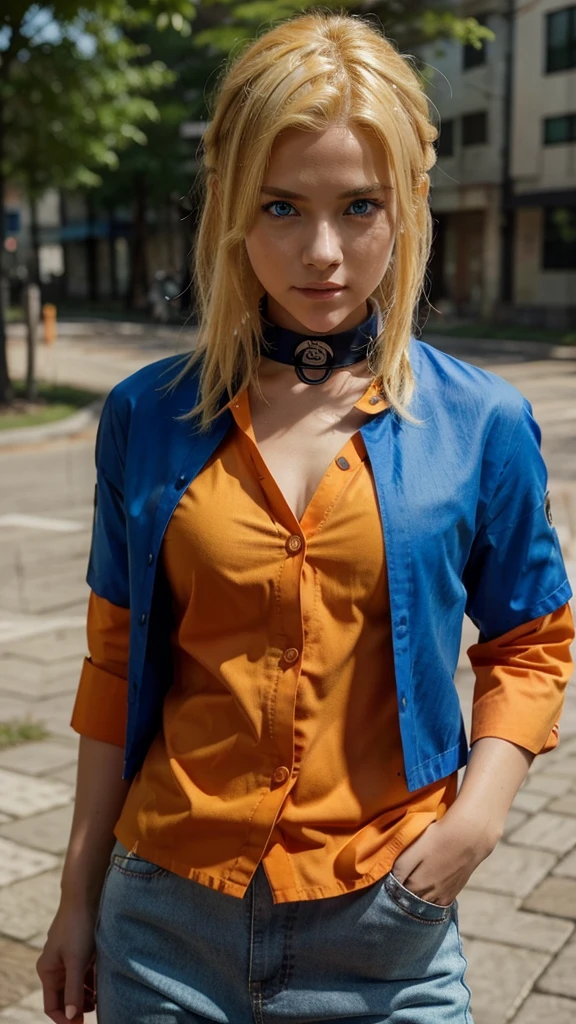 Boy, blonde hair, blue eyes, Naruto clothing Orange blouse with blue shoulders and loose white collar and orange pants, Naruto's appearance https://images.app.goo.gl/Gy8L9cdbF8WmB5LB6
