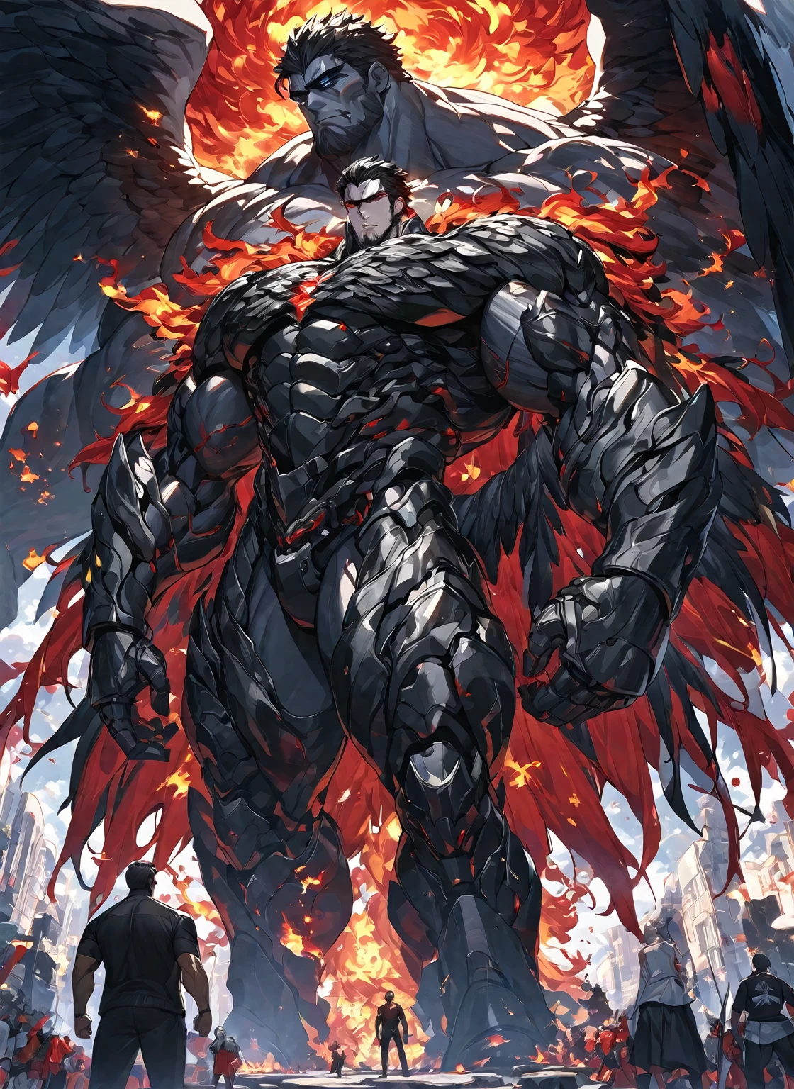 Huge muscles,Devilish wings,Devilish horns,Clear liquid dripping from penis,black costume,Huge erect penis,Ready your weapon,Wearing an evil aura,Possessed by demons,