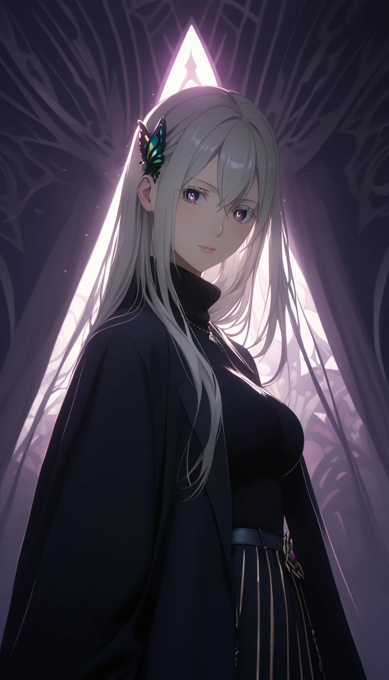 score_9, score_8_up, score_7_up, score_6_up, uncensored, Echidia, echidna, silver hair, long hair, butterfly hair ornament, purple eyes, multicolored eyelashes, BREAK (masterpiece:1.2), best quality, high resolution, (beautiful detailed eyes:1.3), perfect lighting, (perfect hands, perfect anatomy), large breasts, breasts, epic art, fantasy, 1girl, solo, looking_at_viewer, jacket, sweater, upper_body, coat, ribbed_sweater, turtleneck, looking at viewer, glow effects, godrays, Hand drawn, Vivid colors, extremely detailed CG unity 8k wallpaper, trending on CGSociety, Intricate, High Detail, dramatic, hollow eyes, 