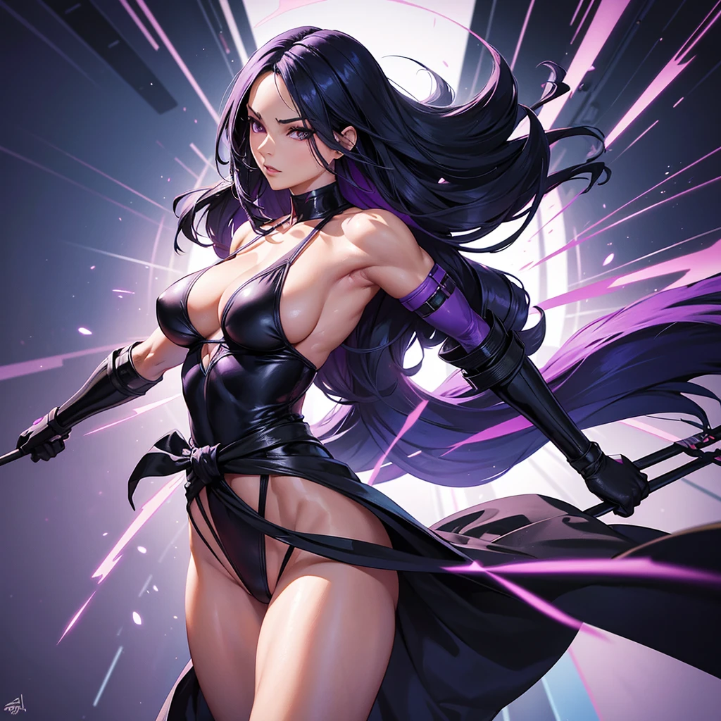 Create a highly detailed image of Psylocke from Marvel Comics, featuring her toned, bodybuilding body. She is wearing a black swimsuit and has a long purple sash tied around her waist. Its arms and legs have black bands. The scene should portray her in a dynamic pose, showing off her muscular, athletic physique. The background should be subtle but suggest a futuristic or mystical setting, ensuring the focus remains on Psylocke. Use vibrant colors and sharp details to reflect the Marvel Comics style.