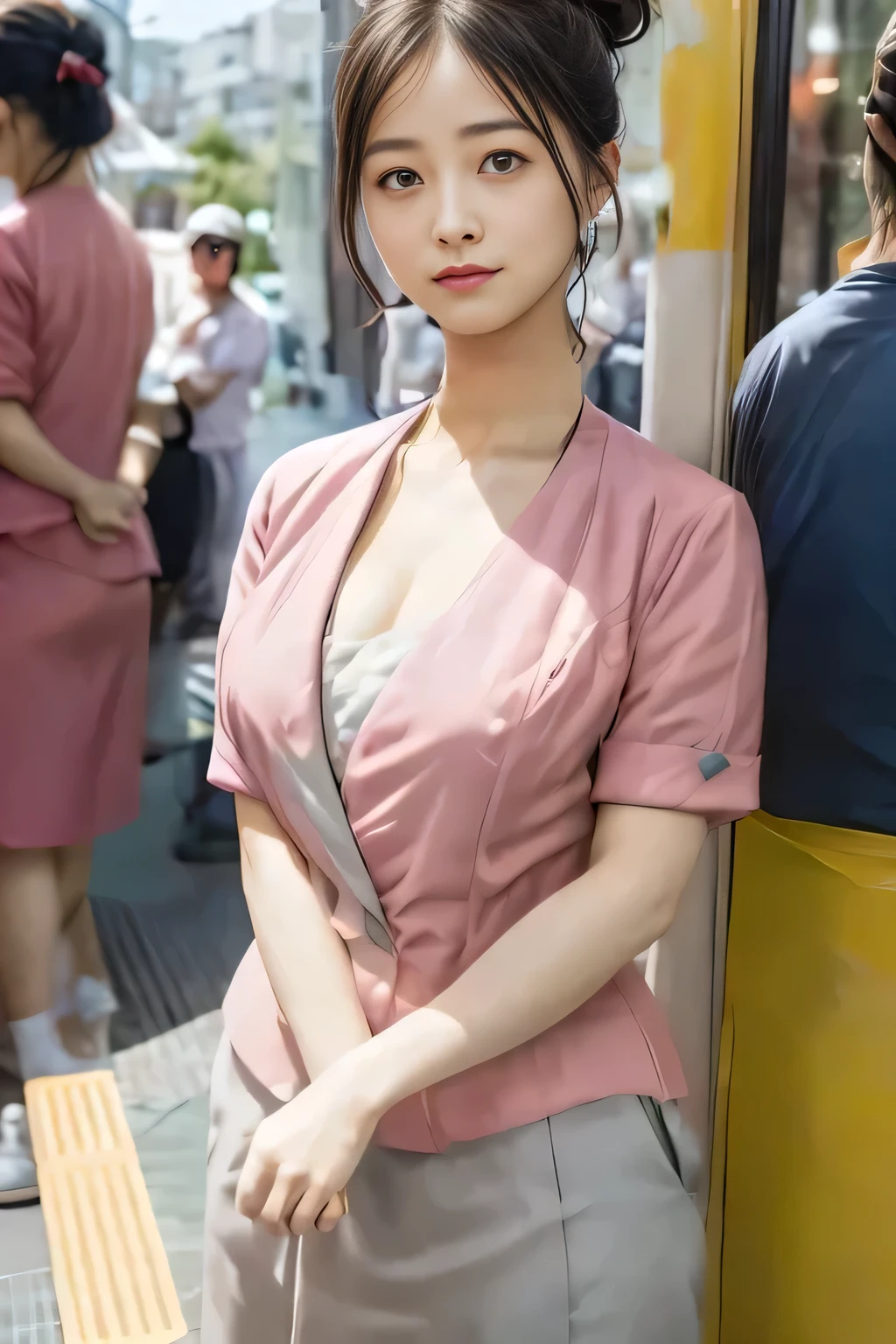 (masterpiece:1.2, Highest quality:1.2), 32k HDR, High resolution, (alone、1 girl)、（On the rooftop of a building in the daytime、Professional Lighting）、Building rooftop background、（Nankai train crew uniform pinkを着たリアルスタイル）、（Nankai train crew uniform pink short sleeve collarless pink jacket、Nankai Train Crew Uniform Pink Collarless Short Sleeve Blouse、Nankai Train Crew Uniform Pink Grey Knee-length Culottes）、（（The bottom of the pink short-sleeved jacket cannot be tucked into the clay-colored culottes.））、Dark brown hair、（Hair tied up、Hair Bun、Hair Bun）、Dark brown hair、Long Shot、Big Breasts、Thin legs、（（Great hands：2.0）），（（Harmonious body proportions：1.5）），（（Normal limbs：2.0）），（（Normal finger：2.0）），（（Delicate eyes：2.0）），（（Normal eyes：2.0））)、（Nankai Train Crew Uniform Pink Grey Knee-length Culottesを見せた美しい立ち姿）、smile