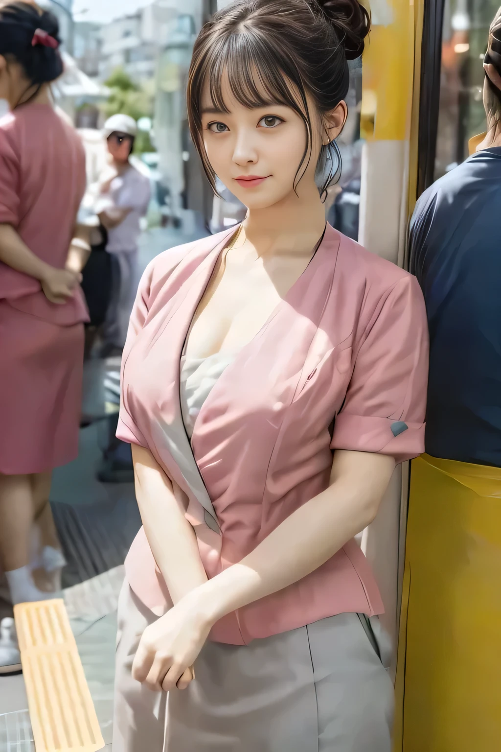(masterpiece:1.2, Highest quality:1.2), 32k HDR, High resolution, (alone、1 girl)、(On the rooftop of a building in the daytime、Professional Lighting)、Building rooftop background、(Nankai train crew uniform pinkを着たリアルスタイル)、(Nankai train crew uniform pink short sleeve collarless pink jacket、Nankai Train Crew Uniform Pink Collarless Short Sleeve Blouse、Nankai Train Crew Uniform Pink Grey Knee-length Culottes)、((The bottom of the pink short-sleeved jacket cannot be tucked into the clay-colored culottes.))、Dark brown hair、(Hair tied up、Hair Bun、Hair Bun)、Dark brown hair、Long Shot、Big Breasts、Thin legs、((Great hands:2.0)),((Harmonious body proportions:1.5)),((Normal limbs:2.0)),((Normal finger:2.0)),((Delicate eyes:2.0)),((Normal eyes:2.0)))、(Nankai Train Crew Uniform Pink Grey Knee-length Culottesを見せた美しい立ち姿)、smile