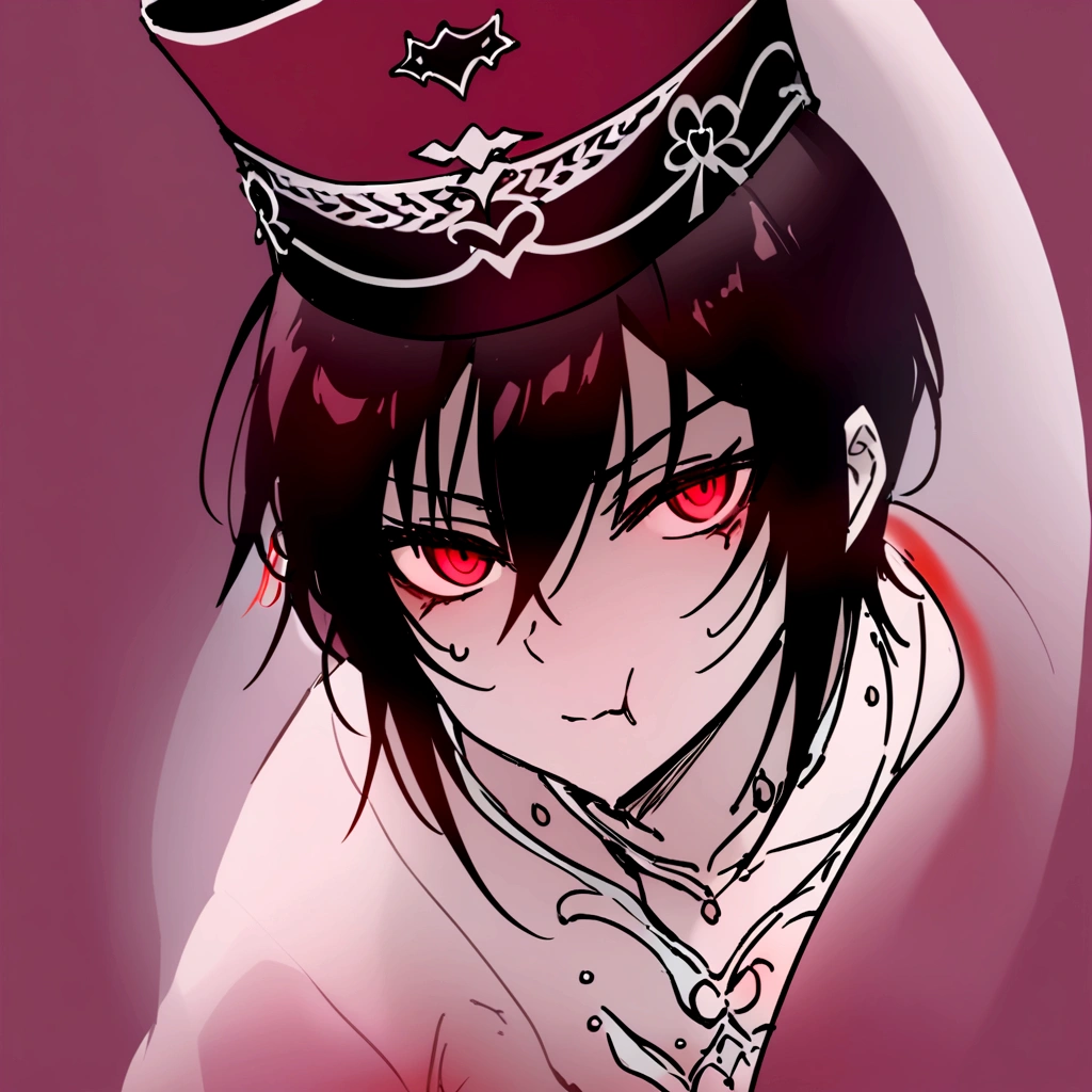 Extremely handsome boy with tail hat, seductive red eye, you can't see his face,