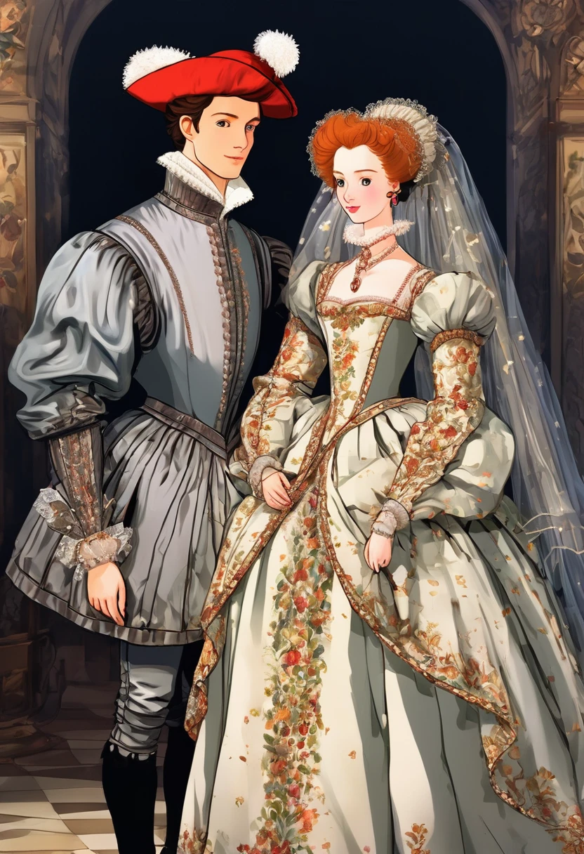 Masterpieces visually(8K)(High Resolution, Ultra Detailed), Showing a very late 1500s Elizabethan Enbglish Handsome young upper middle class couple male and female in classic period Elizabethan fashions clothings attires dress animated kinda anime style incredibly very detailwd very Elizabethan englis setting envirinments