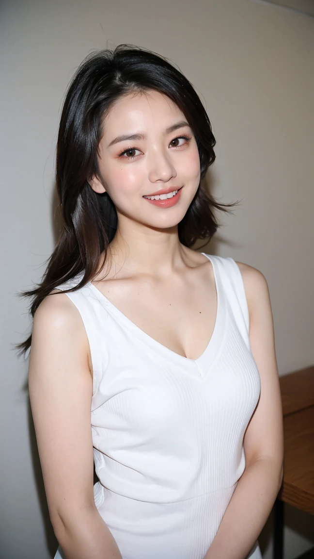 ((Highest quality、8K、masterpiece:1.3))、Realistic, Sharp focus, High resolution, High resolution,Portraiture, One person、Japanese、woman, beautiful woman, (((V-neck sleeveless casual dress)))、30 years old, Attractive person, Medium Long Hair,smile
