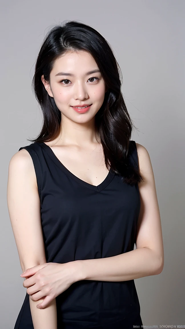 ((Highest quality、8K、masterpiece:1.3))、Realistic, Sharp focus, High resolution, High resolution,Portraiture, One person、Japanese、woman, beautiful woman, (((V-neck sleeveless casual dress)))、30 years old, Attractive person, Medium Long Hair,smile