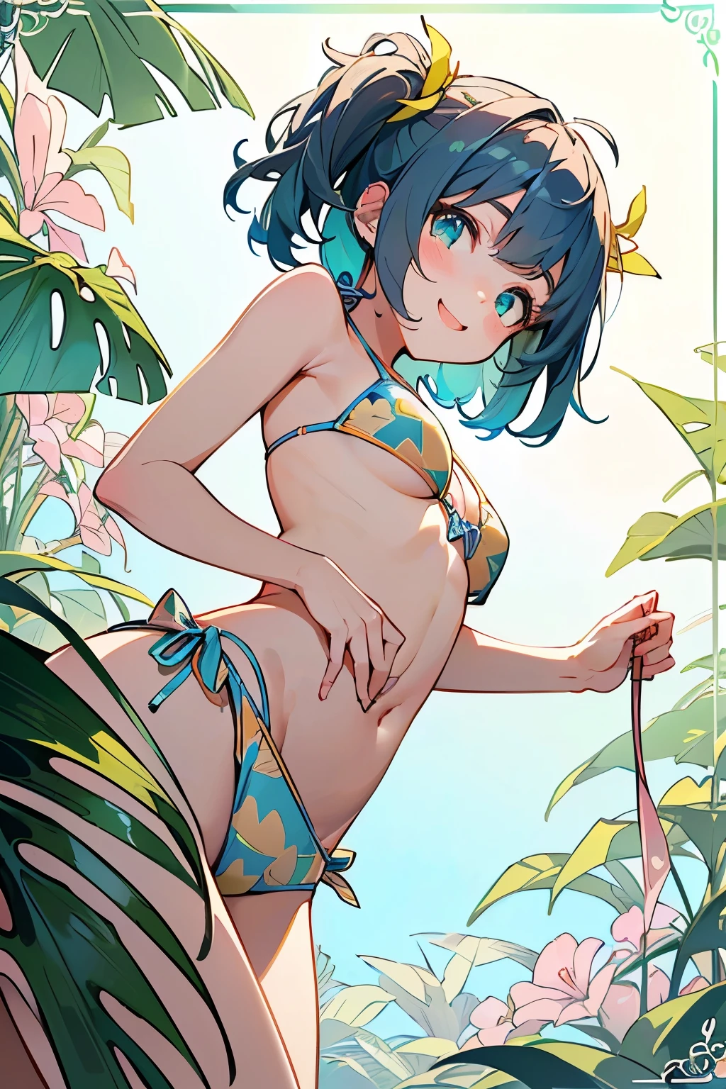 (brush),((cute,kawaii,wonderland)),((pastel color)),(A happy smile),((Cute pose:1.1)),((Bikini-style swimwear、👙、Botanical pattern:1.3)),Shiny hair,(Natural Color),((Blue beige hair:1.2)),((Angle from below:1.1)),(Angle of incitement:1.3),((Tropical illustration background:1.2)),(Camera Frame:1.3),((Live Streaming:1.2)).